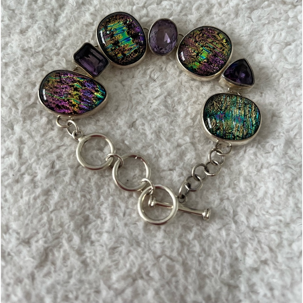 Artisan Designer Dichroic Glass Bracelet Purple/Black Adjustable 23g